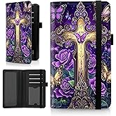 HEAKIERG Purple Cross Leather Check Book Cover for Personal Checkbook with Duplicate Checks, RFID Blocking Women Men Slim Wallet with Pen Holder & Clear Plastic Divider, Check Registers Cover