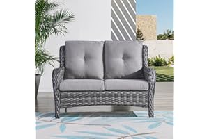 HUMMUH Outdoor Loveseat Sofa 2-Seat PE Rattan Patio Love Seat with Cushions,Deep Seat High Curved Back Armset Sectional Couch for Patio,Garden,Yard,Porch