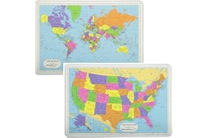 Painless Learning Educational Placemats Sets USA Map and World Map Non Slip Washable, Large