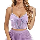 Testudineus Women's Floral Embroidered Crop Top Spaghetti Strap Sleeveless Sexy Sheer Mesh Corset Top Rave Party Top Tee