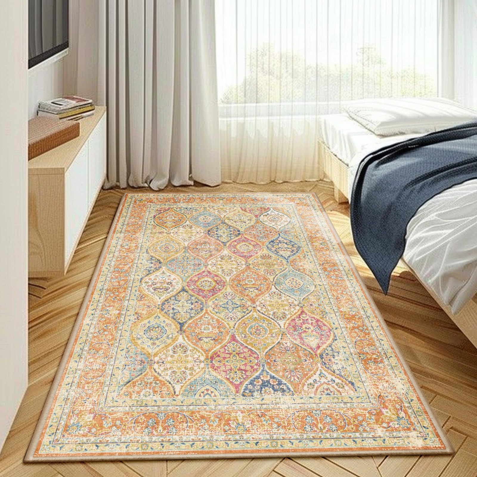 Photo 1 of Area Rugs 3x5 Rug for Living Room, Washable Rug Orange, Non Slip Water Repellent Floor Carpet, Low Pile Soft Vintage Rug for Bedroom Dining Room Indoor