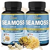 Cadane 2 Packs Irish Sea Moss Powder Capsules & VitaminC, D3, Zin.C, Bladderwrack, Burdock Root, Apple Cider, Elderberry, Pepper - Supports Immune System & Overall Health - 2 Months Supply