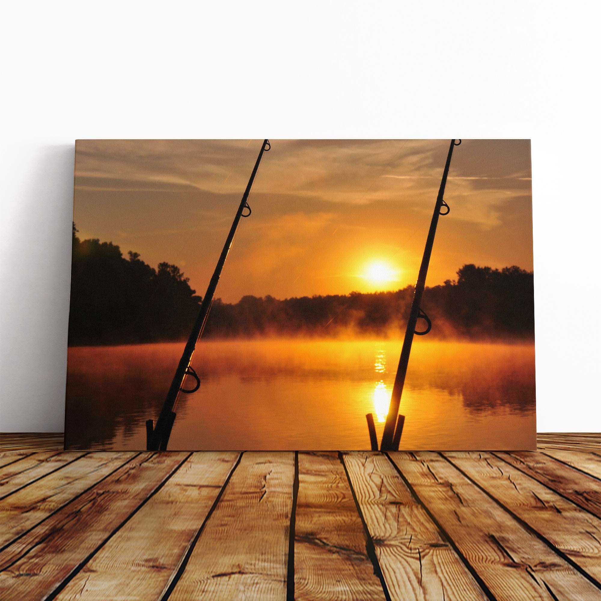 Dawn Fishing Rods Forest and Lake Canvas Print | Gallery Wrapped 30mm Frame Wall Art | 20x14 inches | Ready to Hang | Modern Landscape Picture | Living Room Bedroom Lounge Office