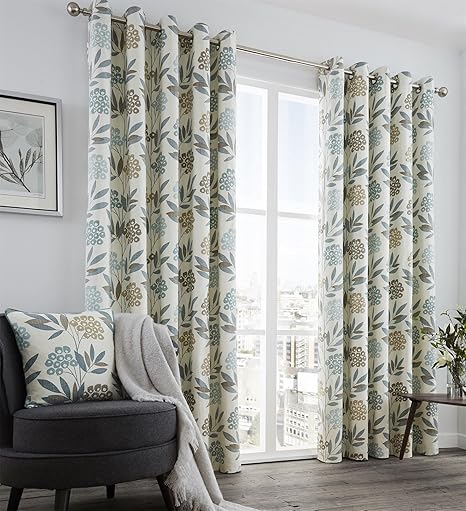 Keri Lined Eyelet Curtains 66 X 72 Dark Teal Brown Beige