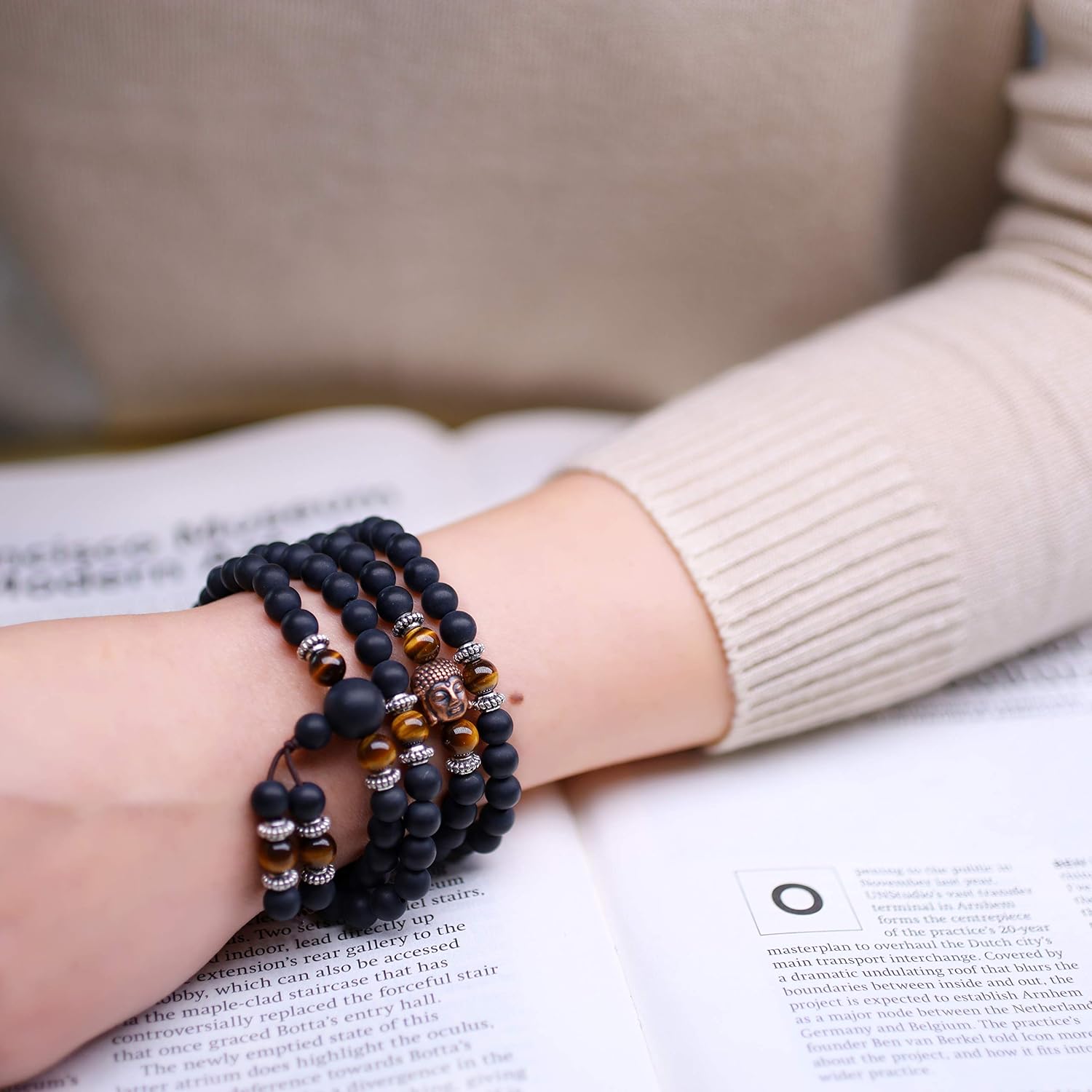 COAI 6mm 108 Mala Beads Matte Onyx Brown Tiger Eye Wrap Stones Bracelet Necklace, Matte Onyx & Tiger Eye, 5.5-6.5 inches (14-16.5 cm) - Image 3