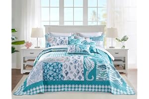 HZ & HY Coastal Oversized King Bedspread 128x120 Extra Wide, Lightweight Beach Bedding Nautical Quilt, Real Stitching, Reversible, 6 Piece, 100% Microfiber, King/California King, Seahorse