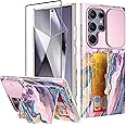 GVIEWIN Designed for Samsung Galaxy S24 Ultra Case with Slide Camera Cover, [Card Holder(3 Cards)] [Screen Protector] Marble Shockproof Protective Kickstand Phone Case 5G 6.8" (Dreamland River/Purple)