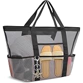 AudeRhine Large Mesh Beach Bag for Women, Sandproof 9-Pocket Beach Tote Bag, Quick-Drying Pool Bag for Travel Vacation