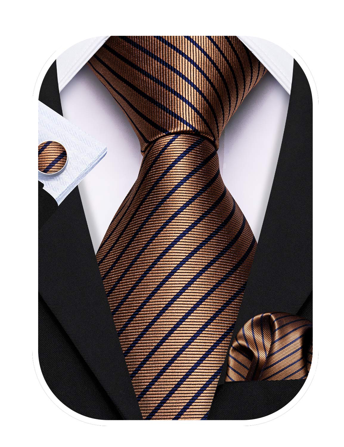 Barry.Wang Stripe Men Ties Set Classic WOVEN Necktie with Handkerchief Cufflinks Formal