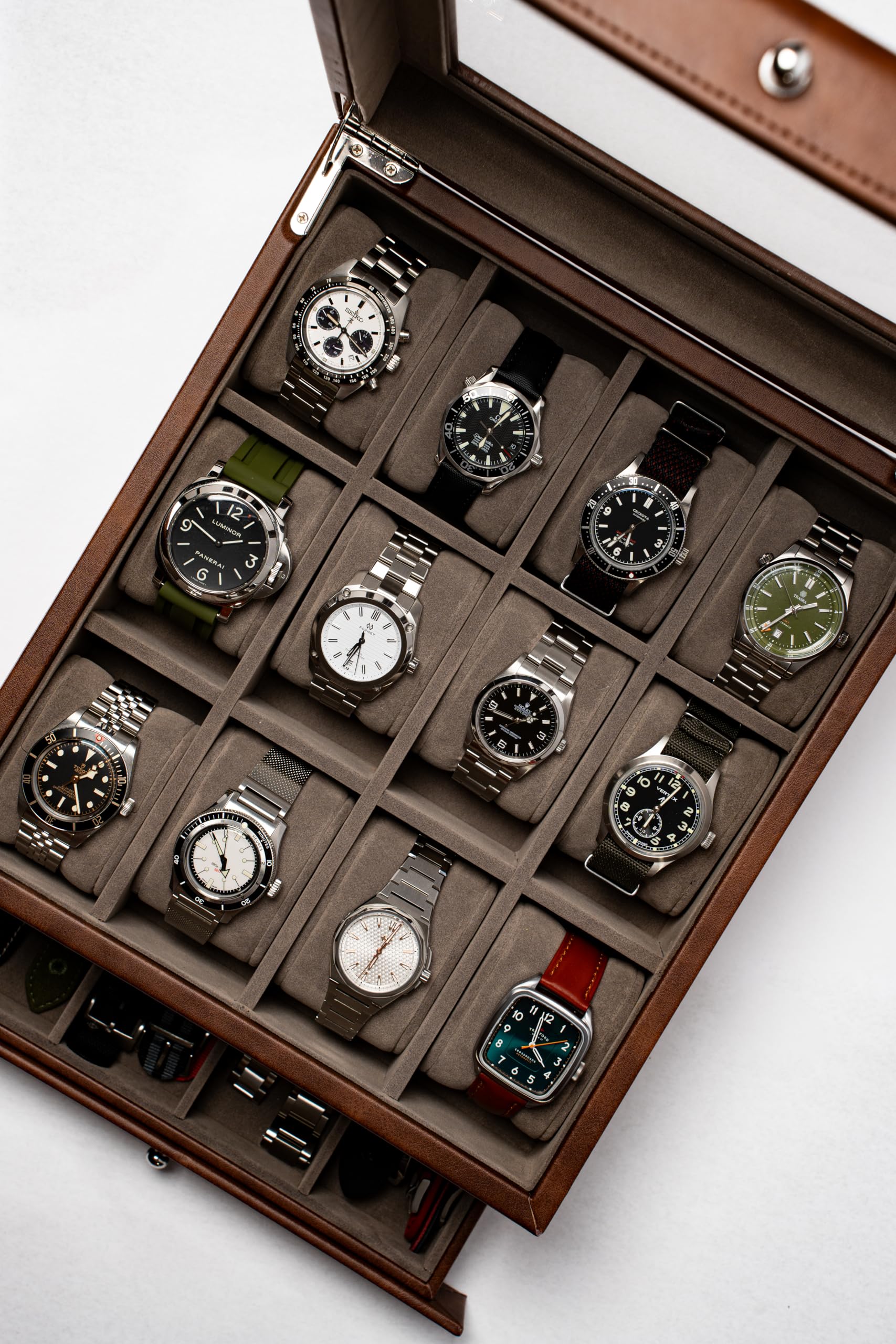 BEERUST 12 Slot Leather Watch Box Organizer for Men - Display Case with Valet Drawer - Ideal for Large Wrist Watches and Jewelry