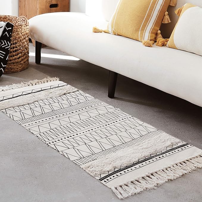 Tufted Tassel Cotton Area Rug 2' x 4.3', LEEVAN Hand Woven Door Mat Fringe Print Tassel Rugs
