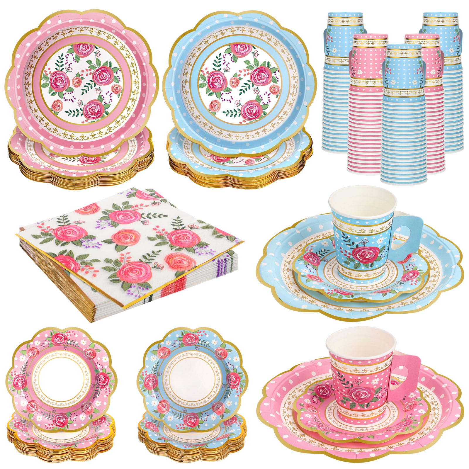 Photo 1 of 200 Pcs Disposable Tea Party Cups and Saucers Set, 50 Guests Floral Tea Party Supplies Include 9 oz Paper Tea Cups with Handle, 9 Inch Paper Plates, Saucers Napkins for Tea Party Birthday Wedding