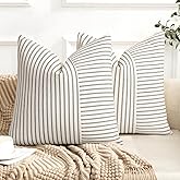 YCOLL Farmhouse Pillow Covers 18x18, Modern Accent Square Throw Pillow Covers Set of 2, Black and Beige Striped Patchwork Linen Decorative Pillows Cushion Covers for Couch Chair Bedroom Home Decor
