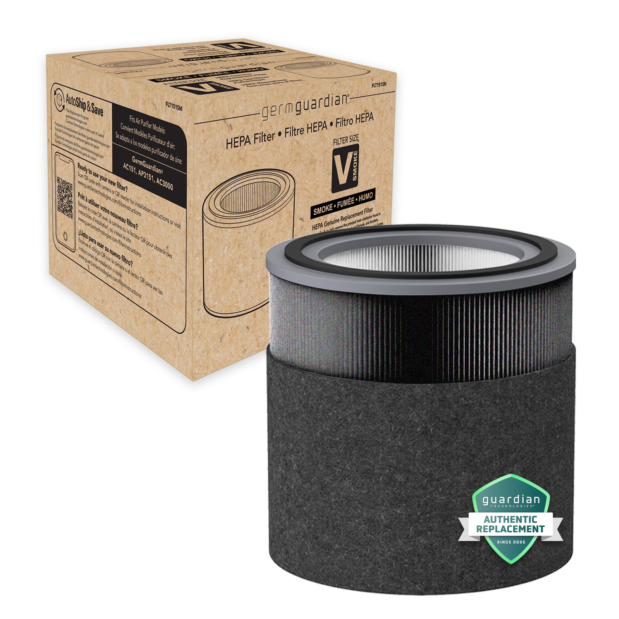 germguardian Filter V Smoke Clear HEPA Original Air Purifier Replacement Filter, Removes 99.97% of Pollutants, Smoke Toxins and Odors, for AirSafe Series and AC151, Black/Grey, FLT151SM