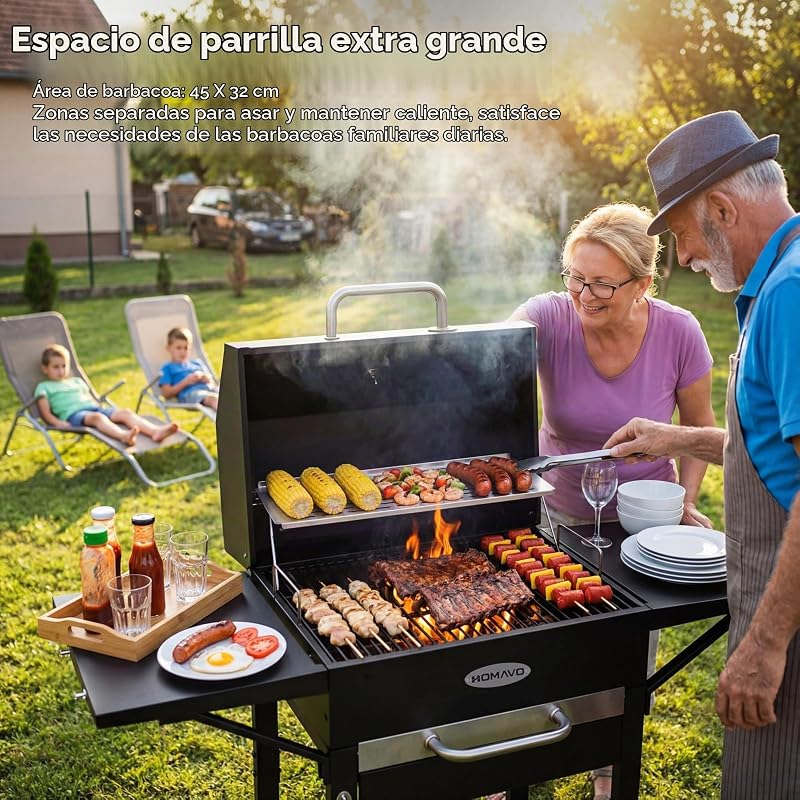 Barbacoa carbón con tapa y funda protectora, Parrilla 2 en 1 compacta para balcón, Termómetro integrado, Mantener caliente, Lista para uso exterior y almacenamiento