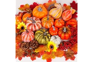 Atonofun Thanksgiving Artificial Pumpkins Fall Decorations for Home, 88 Pcs Decor- 50 Leaves, 20 Acorns, 2 Pinecones, 14 Fake Pumpkins, 2 Sunflowers, Thanksgiving Fall Harvest Home Table Centerpiece