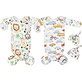 Terriboo Newborn Baby Boy Long Sleeve Sleeper Gown with Mittens Knotted Gown Coming Home Outfit Nightgown Hat Set 2 Pieces