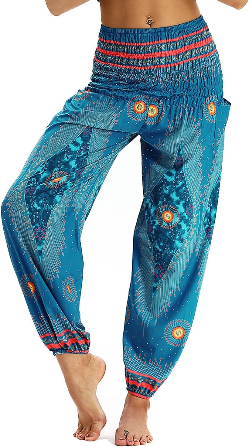 ENLACHIC Women Smocked Waist Harem Hippie Boho Yoga Palazzo Casual Loose Pants