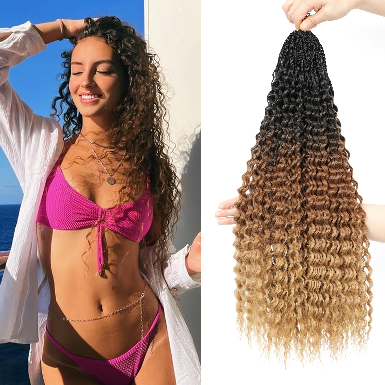 Auxemuen 8 Packs Pre Looped Brazilian Micro Kinky Curly Crochet Hair 22 Inch Afro Ocean Wave Curly Crochet Braiding Hair Extensions Deep Wave Synthetic Mini Senegalese Twist braids（1B/30/27）