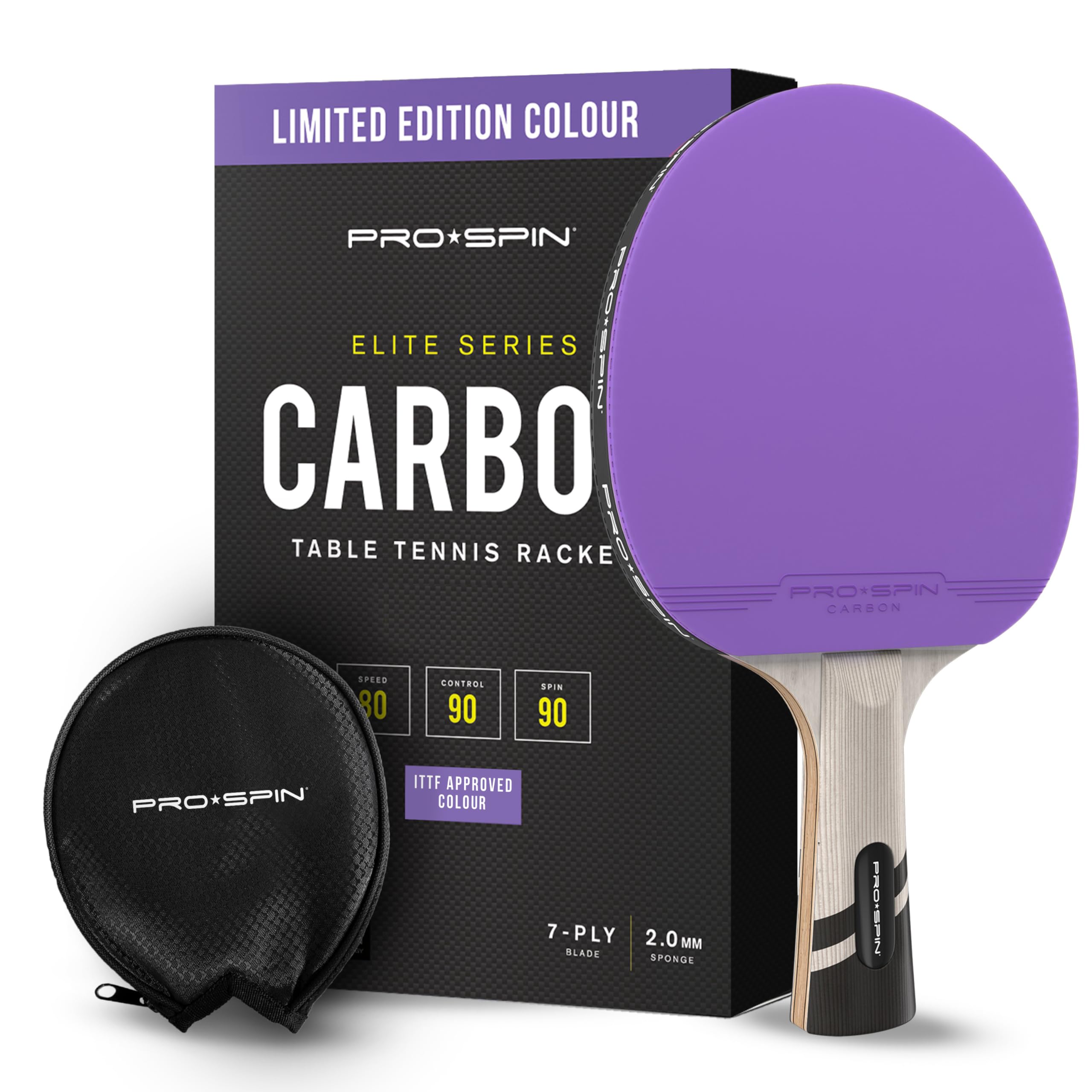 PRO-SPIN Table Tennis Bats | ITTF Approved Rubber | 7-Ply Blade with Carbon Fibre | 2.0mm Sponge | Professional Ping Pong Racket with Protective Cover (1-Pack, Violet)