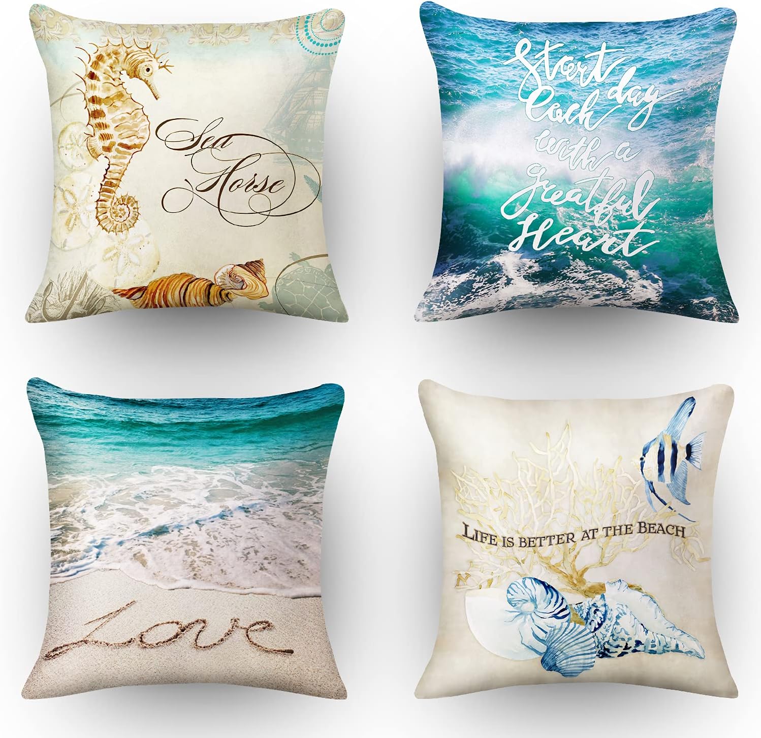 Beach Throw Pillow Covers Outdoor Decorative Sea Coastal Theme Decor Cushion Square Pillowcase Decorative Pillows for Living Room Bed Sofa and Car Throw Pillow Covers 18x18 Inch Set of 4 Blue: Home & Kitchen