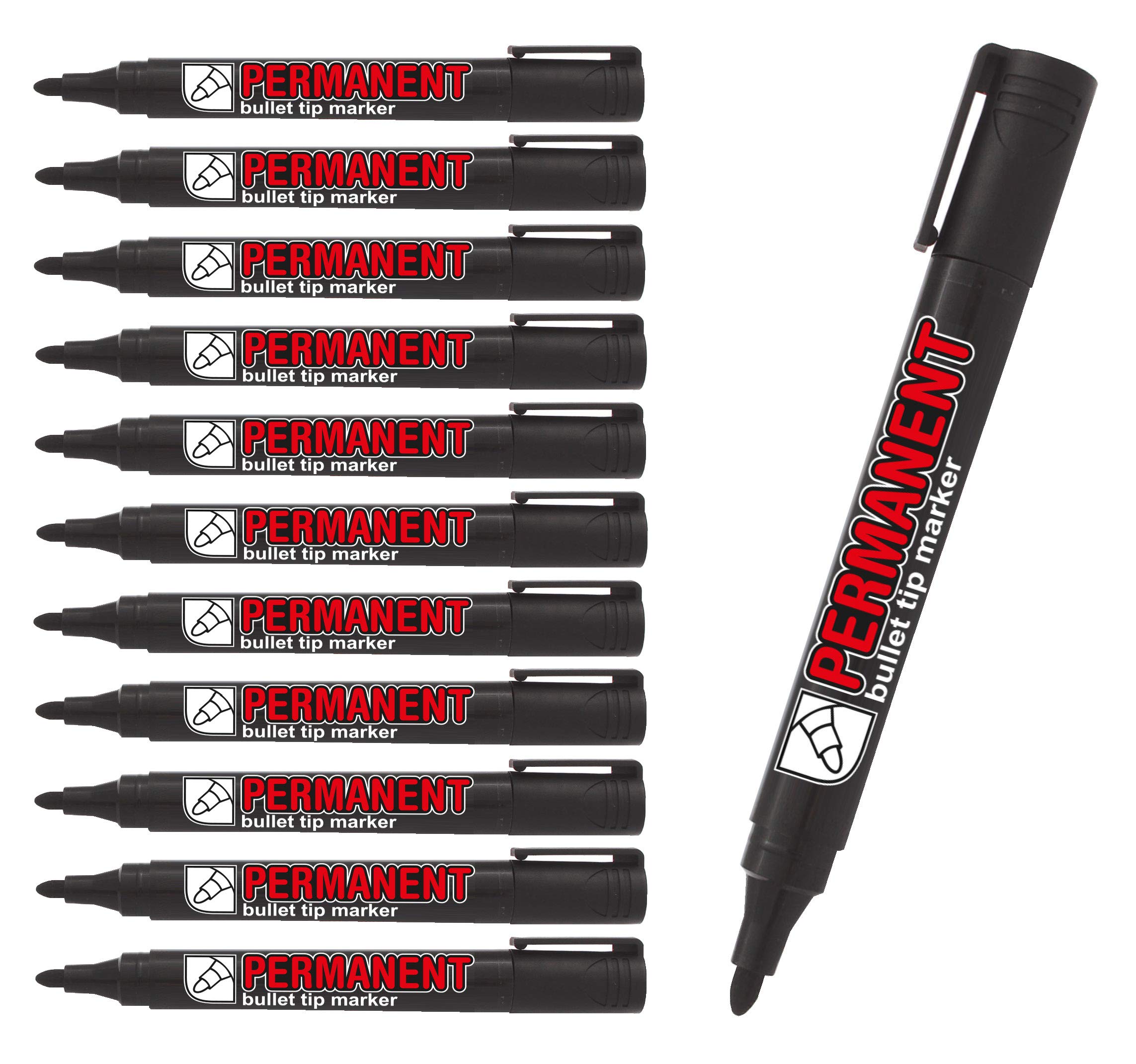 CROWN Permanent Markers Bullet Tip Markers - Pack Of 12 - Permanent Ink - Black - 2mm Line