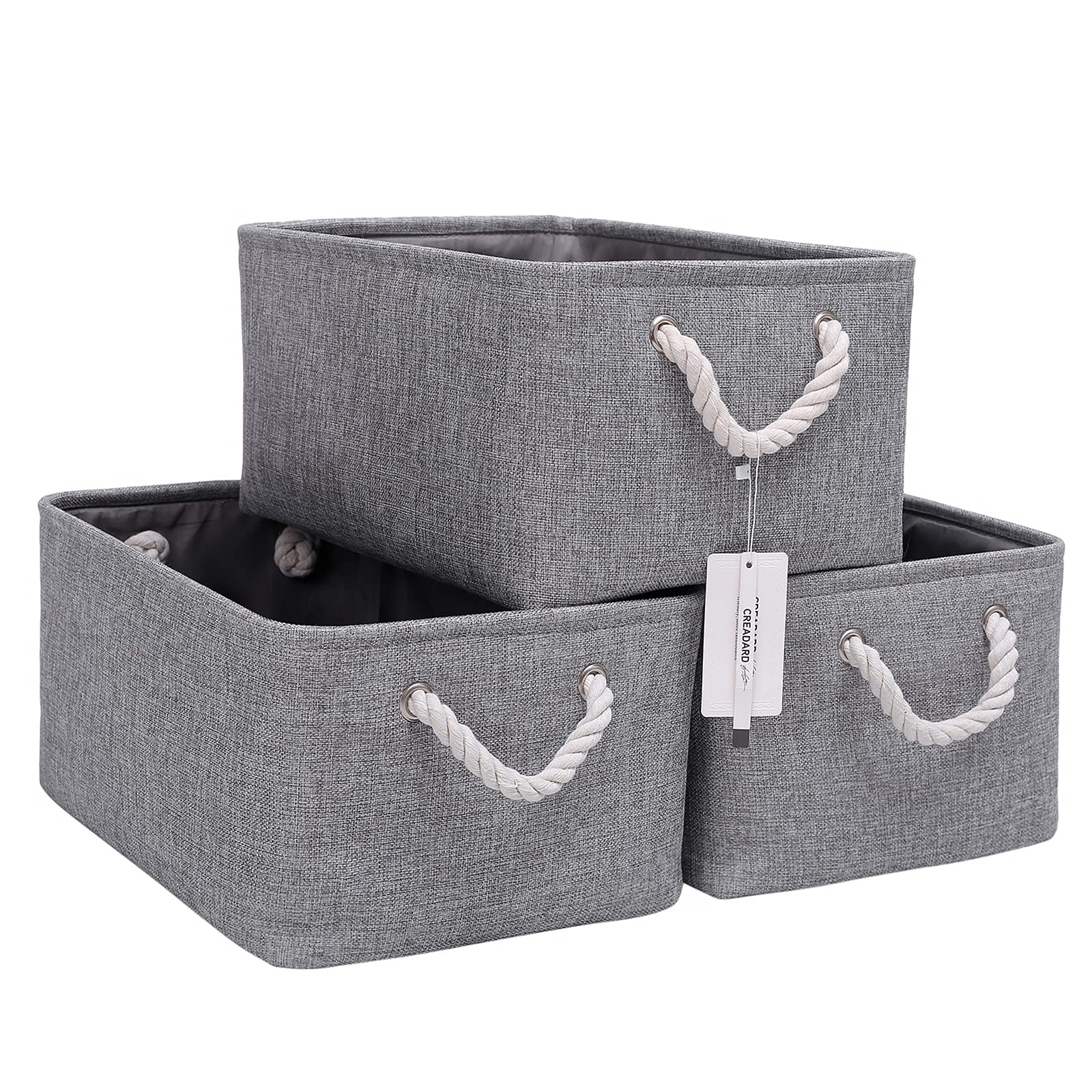 CREADARD Fabric Storage Basket Set of 3, Foldable Linen Storage Box for Nursery and Home, Collapsible Canvas Shelf Basket for Wardrobe or Bedroom, Grey