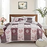 Patchwork Quilt Set Full/Queen Size, 3 Pieces Brown Floral Plaid Summer Bedspread Coverlet Set, Soft Microfiber Reversible Lightweight Bed Cover for All Season (90" x 90", 1 Quilt+ 2 Pillow Shams)