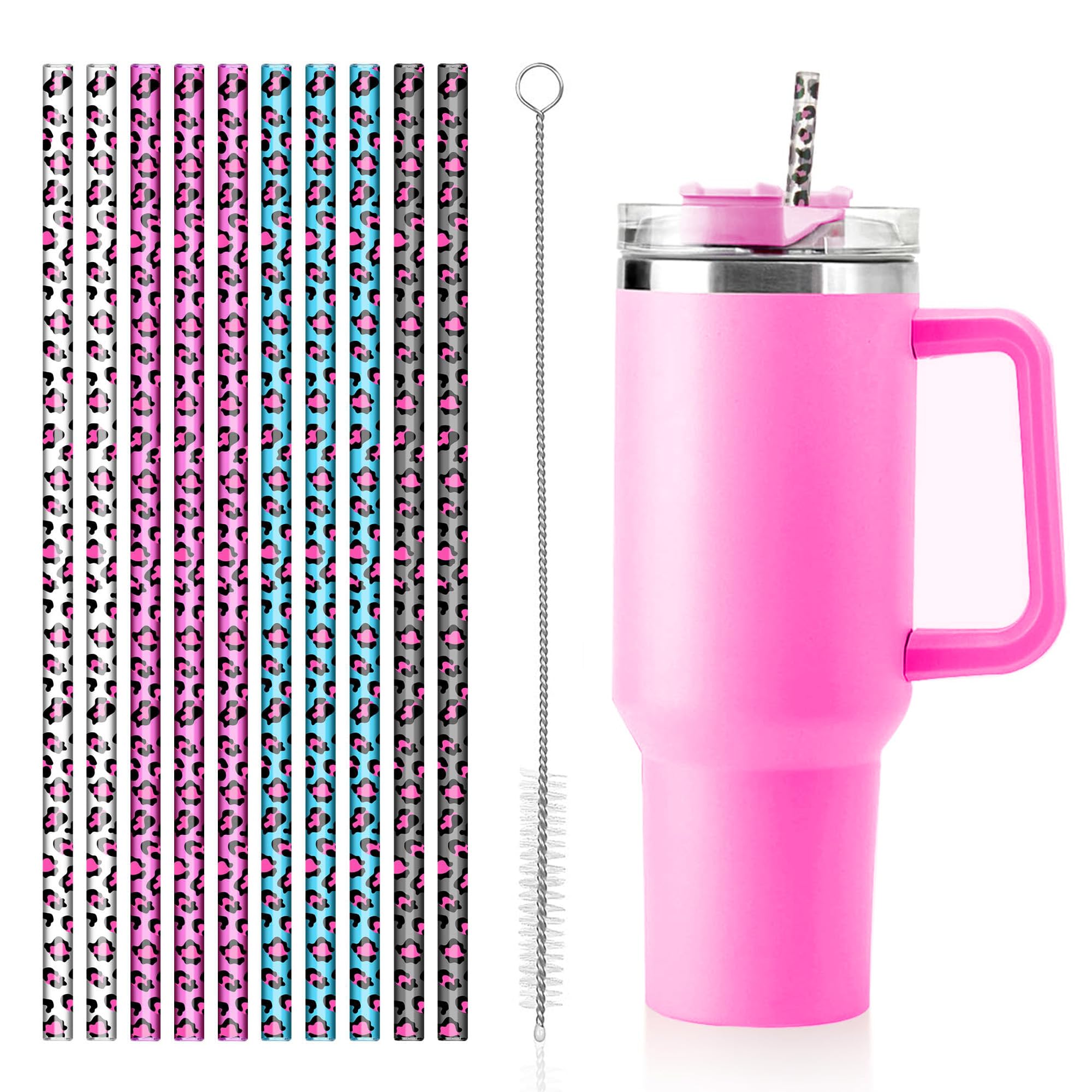 Photo 1 of Replacement Straw for Stanley Cup Owala 40 oz 30 oz Cup Tumbler Reusable 12 Inch Plastic Extra Long Straw 10 Pack Water Bottle Straws with Cleaning Brush for Stanley Cup Accessories (Leopard)