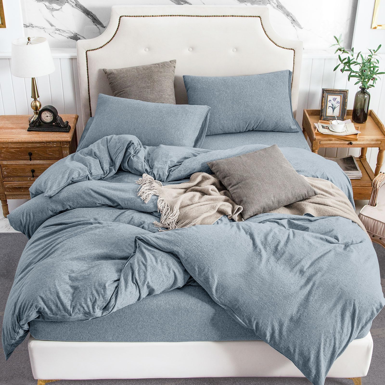 Photo 1 of PURE ERA Jersey Knit Duvet Cover Set 100% T-Shirt Cotton Super Soft Comfy 3pc Bedding Set with Zipper Closure (Heather Blueish Grey, King)