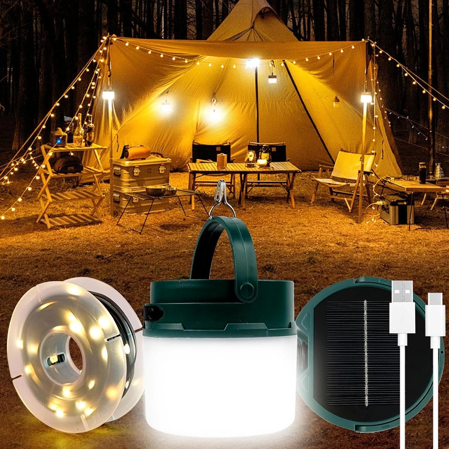 Annefly Camping String Light 2 in 1 Solar & USB Rechargeable Camping Lantern with 2 Lighting Levels & SOS Mode Waterproof Tent Lights for Camping, Hiking, Trips