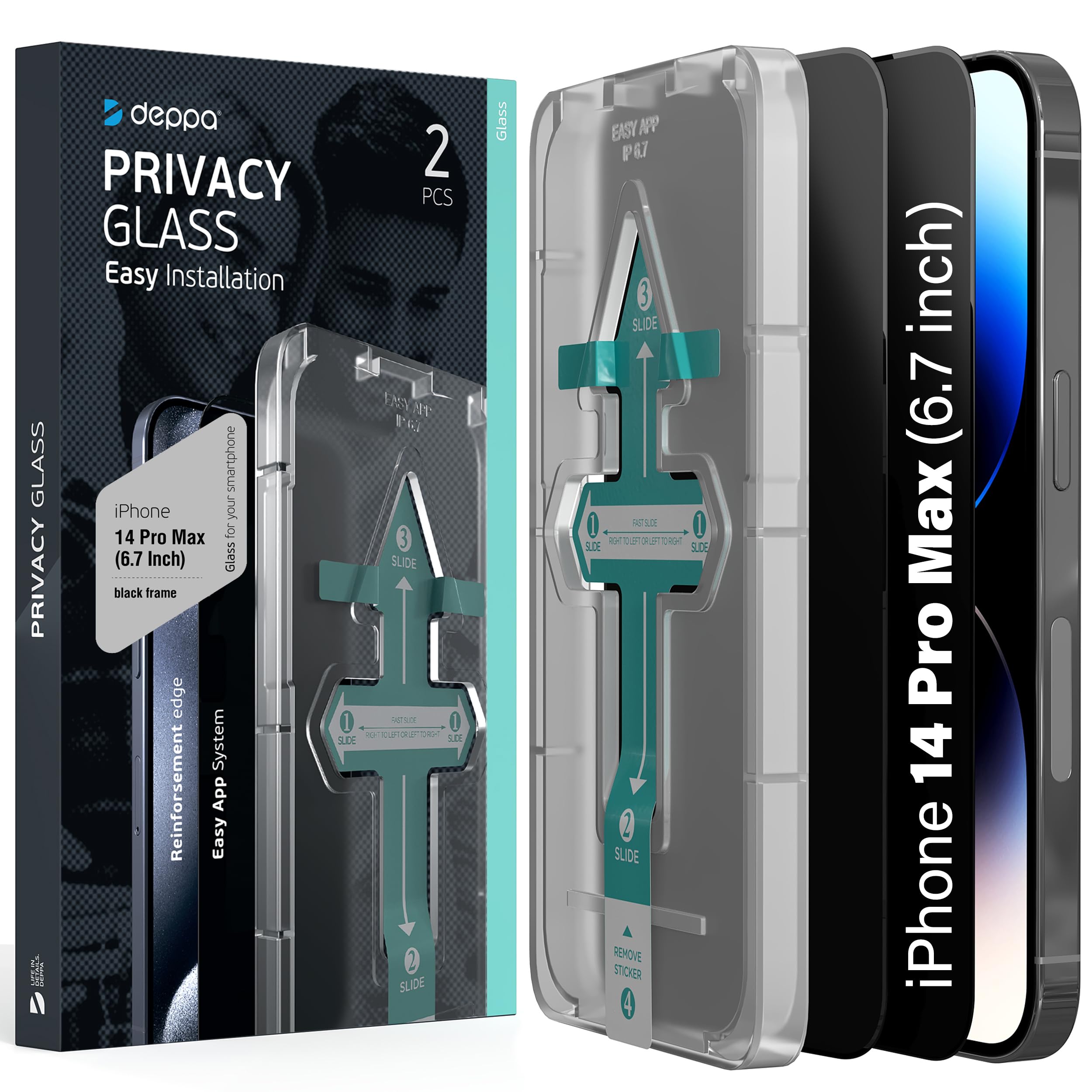Deppa |2 Pack| Premium Privacy Screen Protector for Iphone 14 Pro Max (6.7') Tempered Glass 3D Edge to Edge Full Cover with Easy Installation Kit Tray - Anti Spy, Private, Dark, Black Film