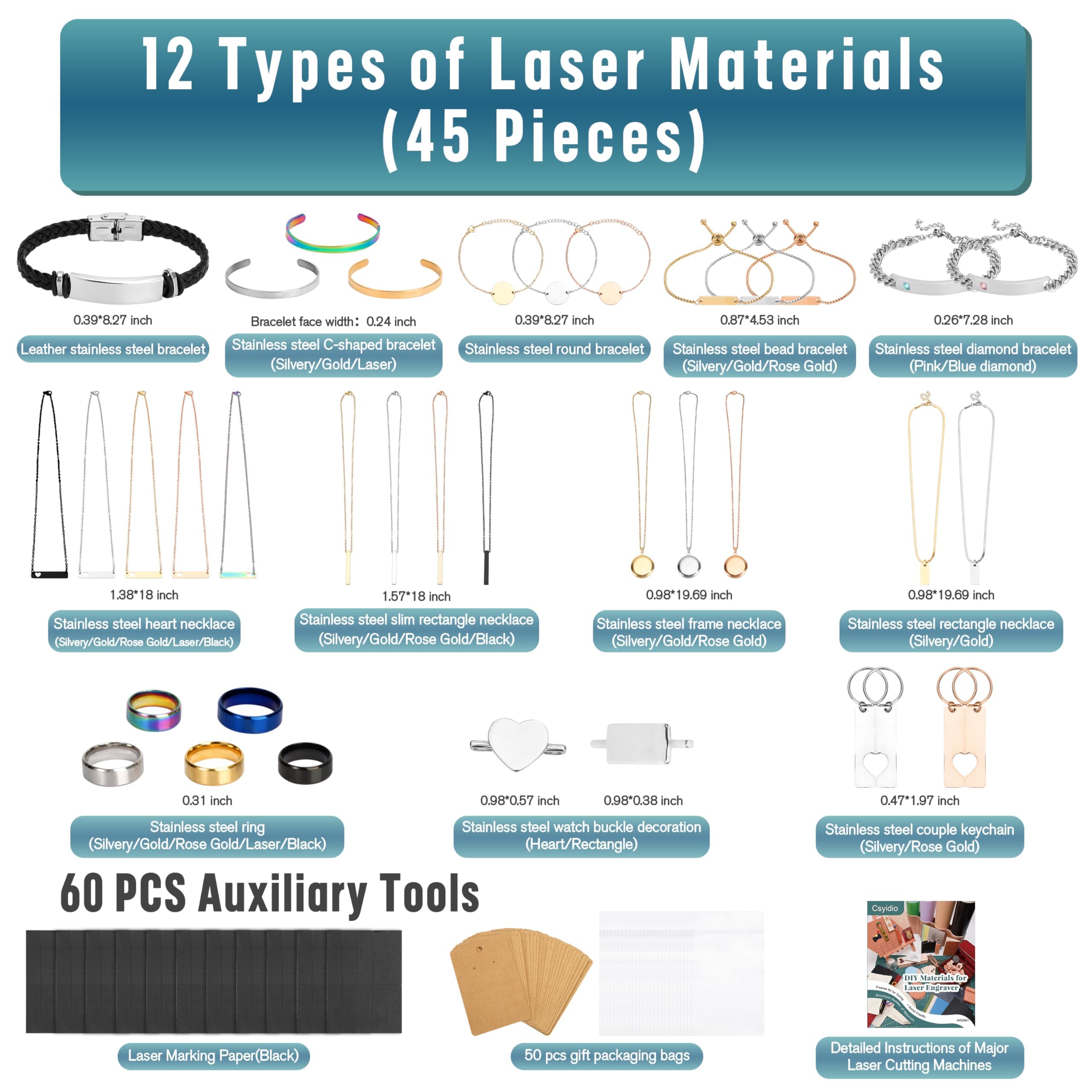 Csyidio 105 PCS Laser Engraving Materials, Jewelry Making Engraving Accessories for All Laser Engravers with Instructions, 45 PCS Stainless Steel Necklace, Pendant, Bracelet, Ring for Laser Crafting