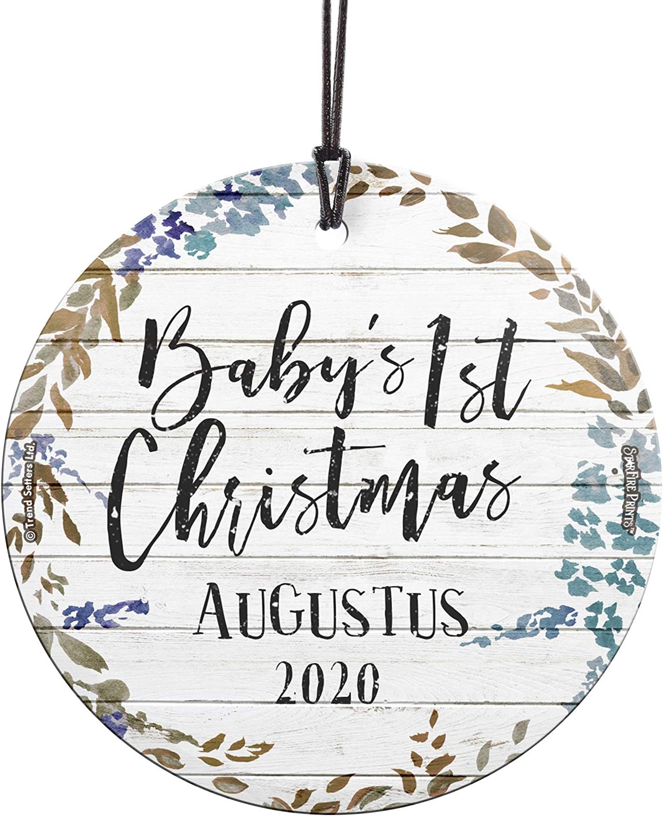 Baby’s First Christmas Glass Ornament - Baby Personalized – Farmhouse Shiplap and Leaves – Suncatcher Hanging Print Christmas Tree Date Display 3.5" Circle | Free Red Velveteen Gift Bag