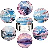 ubcindy Japanese Cherry Blossom and Fujiyama Mountain Landscape Coasters Set of 6 for Drinks,Round Absorbent Ceramic Stone Coaster with Metal Holder and Cork Base for Coffee Party Home Decor Gifts
