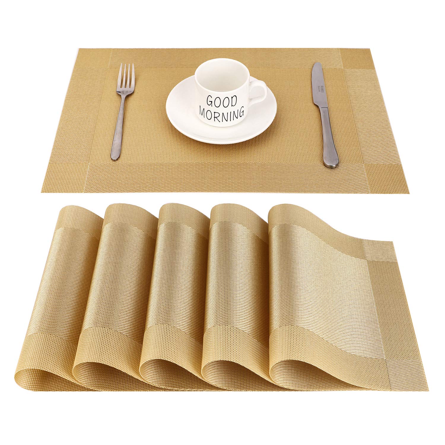 CHAOCHI Placemats set of 6,Easy to Clean Non-slip Heat Resistant Dining Table Mats,Washable Crossweave Woven Vinyl PVC Place mats,45CM x 30CM (Gold)