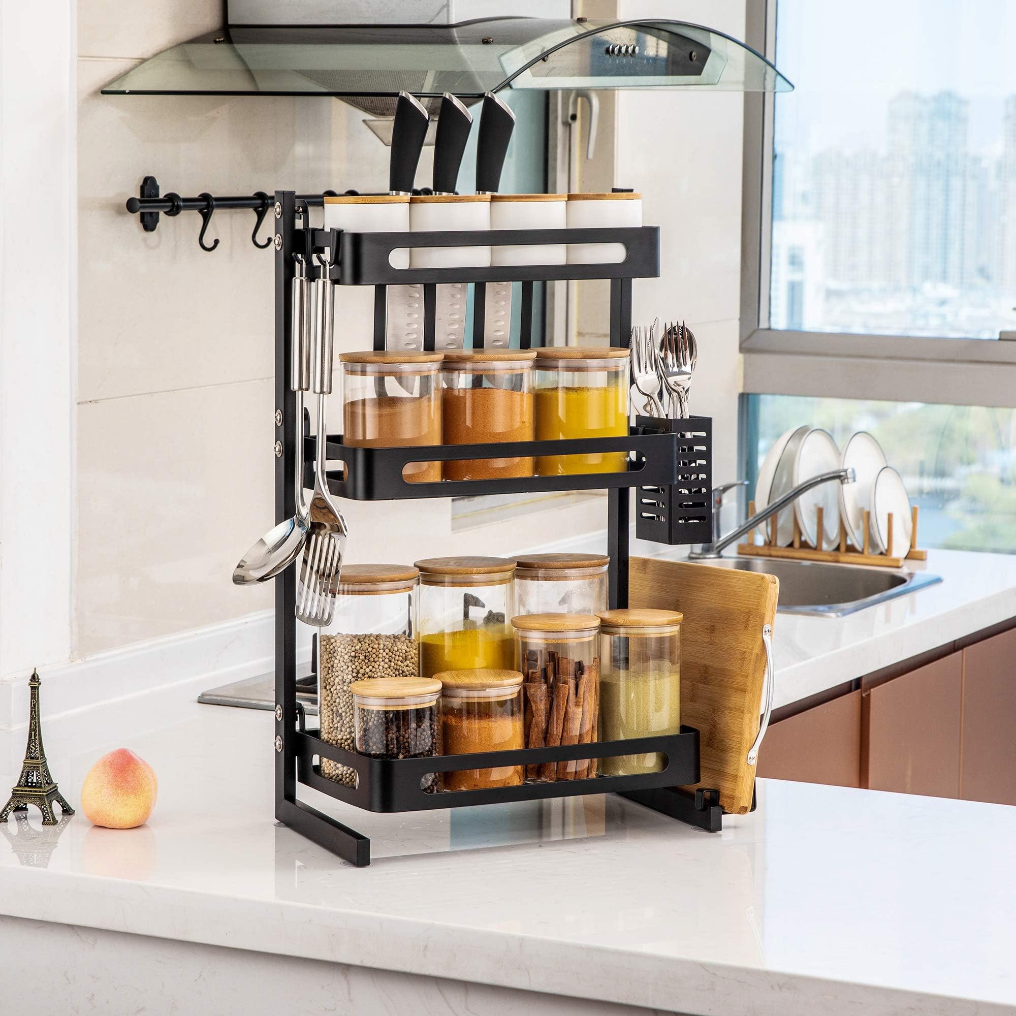 TOLEAD 3 Tier Spice Rack Kitchen Counter Organizer Heavy Duty Multifunctional Seasoning Storage Shelf with 3 Extra Side Hooks for Knife Block, Cutlery, Utensil and Board Holder, Black