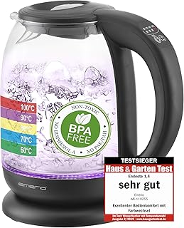 Emerio WK-119255 TESTSIEGER Haus & Garten Test 02/2019, Glas Wasserkocher mit Temperaturwahl (60°C/70°C/80°C/90°C/100°C), BPA-frei, Trockengehschutz, Auto-Off, 2200 Watt, Edelstahl, 1.7 liters
