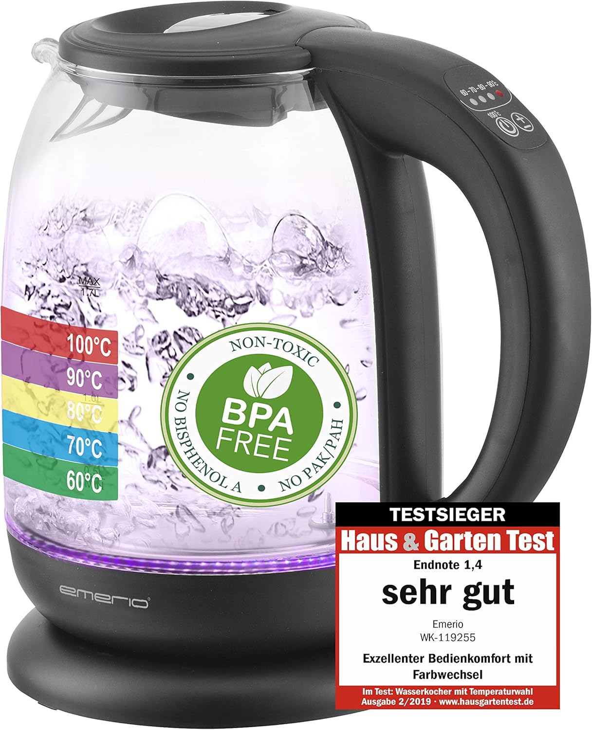 Emerio WK-119255 TESTSIEGER Haus & Garten Test 02/2019, Glas Wasserkocher mit Temperaturwahl (60°C/70°C/80°C/90°C/100°C), BPA-frei, Trockengehschutz, Auto-Off, 2200 Watt, Edelstahl, 1.7 liters