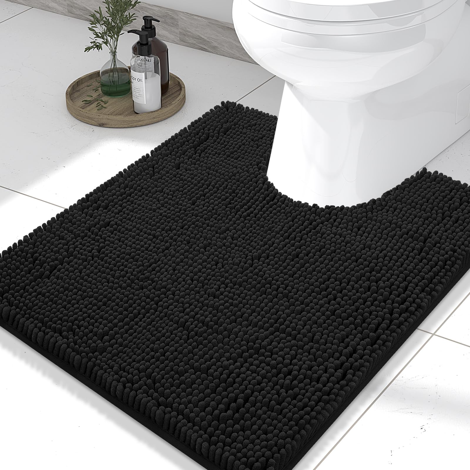 smiry Chenille U-Shaped Toilet Bathroom Rugs, Soft Absorbent Non-Slip Contoured Rugs, Machine Washable Contour Bath Mats for Bathroom Toilet (24"x20", Black)