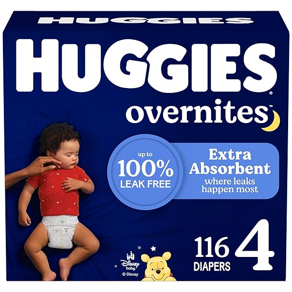 HUGGIES SIZE 4 OVERNITES BABY DIAPERS: OVERNIGHT DIAPERS, SIZE 4 (22-37 LBS), 116 CT (2 PACKS OF 58), PACKAGING MAY VARY