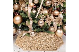 XmasExp Christmas Tree Collar, 33.5 inch Sequin Tree Skirt Stand Base Cover for Home Decor, Large Size 6 Piece, Champagne Gol