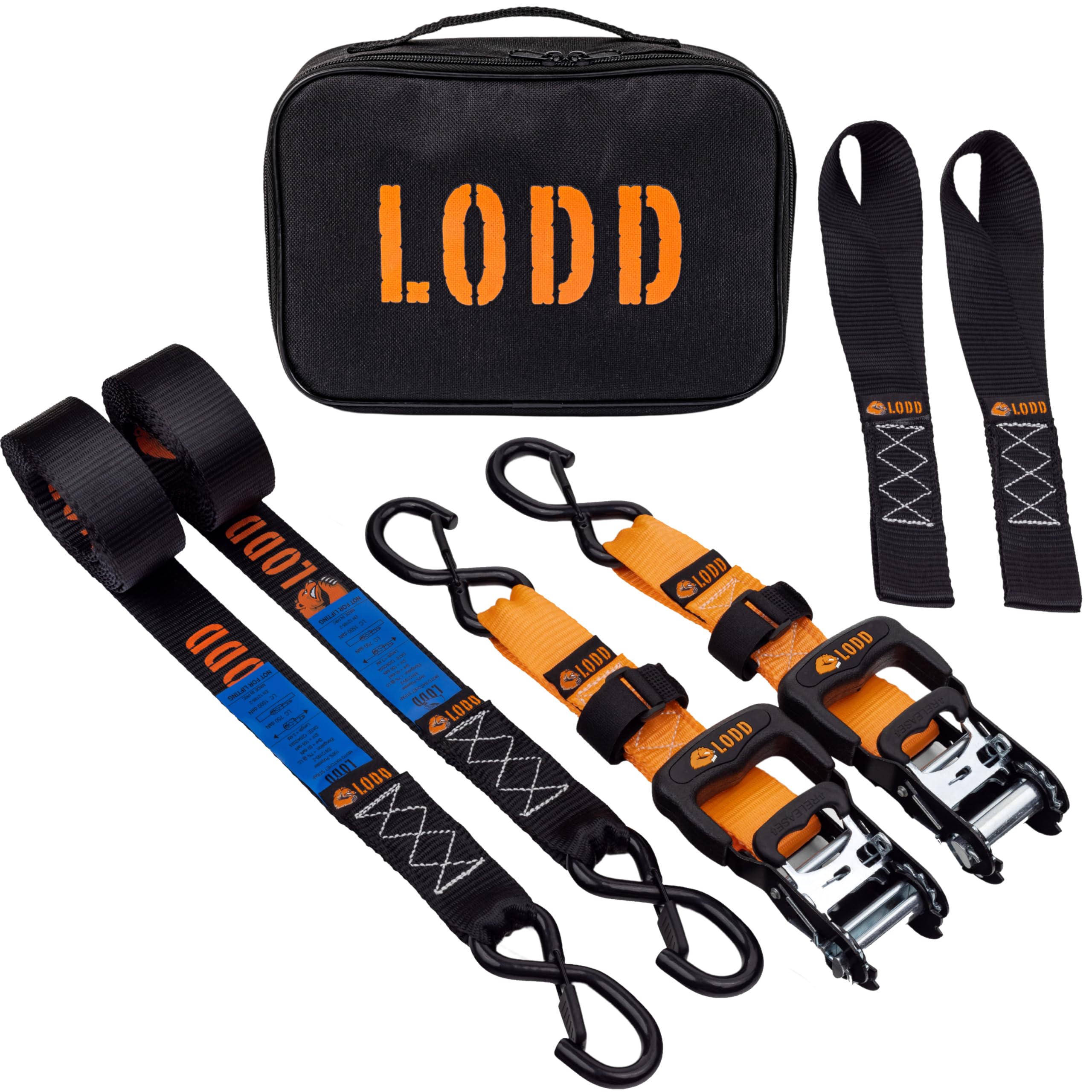 LODD - Premium Heavy Duty Ratchet Tie Down Straps, 2 Pack, 41mm x 3.4m, Rubberized Closed S-Hooks, 2000kg Break Strenth. BONUS : 2 Soft Loops + Carry Bag (for trailer, motorcycle, quad...)