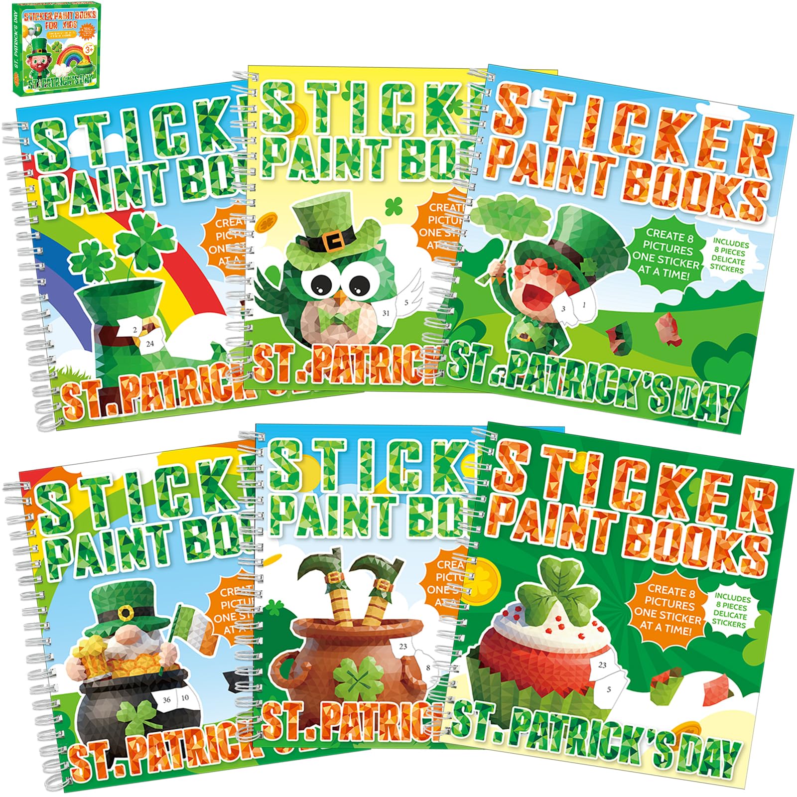 6PCS St. Patrick's Day Paint By Stickers for Kids Ages 4-8 Lucky Shamrock Crafts Sticker by Number Puzzle Activity Book St. Patricks Day Gift DIY Art Kit with Irish Leprechaun Rainbow 48 Pictures