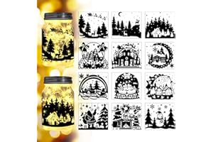 Peacoblue Christmas Scene Decor Silhouette Cutouts for Jars Mason Can Glass Wishing Bottle Decor(No Stickers), 12Pcs Reusable Silhouette for Lantern DIY Craft Kit Jar Decals Art Mural Home Garden