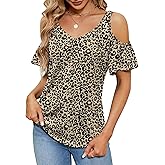Micoson Cold Shoulder Tops for Women Summer Short Sleeve Shirts Ladies Floral Ruched Blouse Classic Cute V Neck Tunic