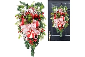 NEZABABY Christmas Candy Cane Wreath for Front Door Red White Xmas Teardrop Swag Decorations Christmas Garland with Ball Bow Ornaments for Indoor Outdoor Home Window Wall Hanging Pendant, 17.7 * 11.8 Inch