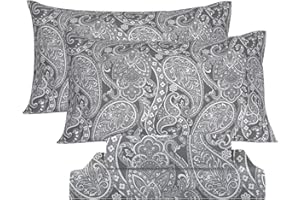 Queen Bed Sheets Set 4PC - Grey Paisley Collection Soft Warm 1800 Thread Count Brushed Printed Bed Pillowcase Sheet, 8-17“Dee