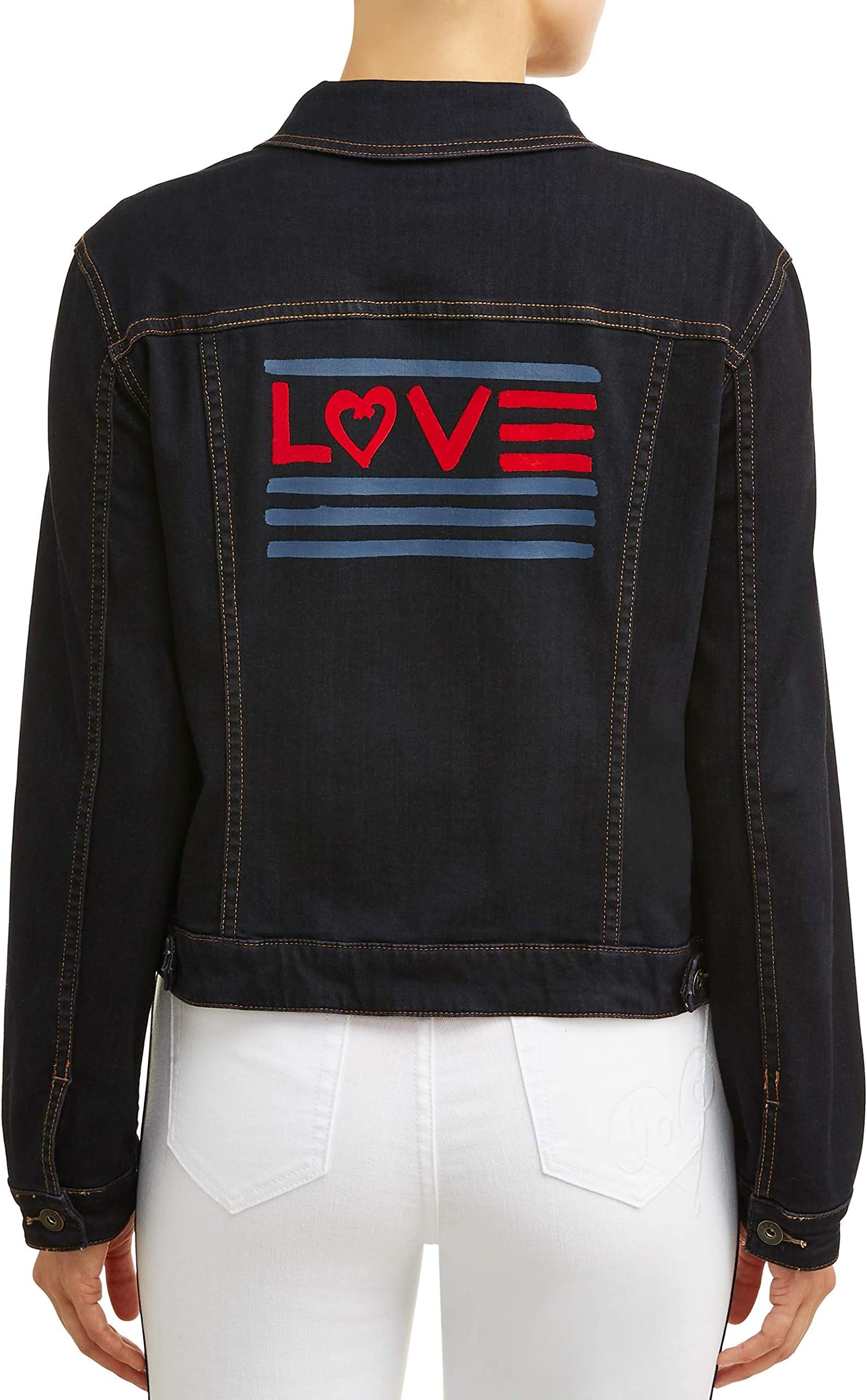 EV1 from Ellen DeGeneres Women's Love Flag Premium Denim Jacket (Dark Rinse Wash)