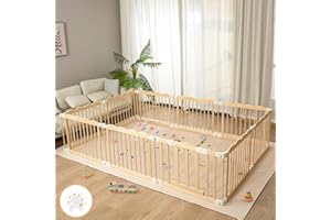 KUPOCNEO Playpen Large Foldable Play Pen for Toddlers 1-3,Easy Assemble Play Yard Wooden Baby Gates with Door,Expandable Play pens for Kids Safety Baby Playpen with Lock 69x103x24Inch(Foldable Connector)